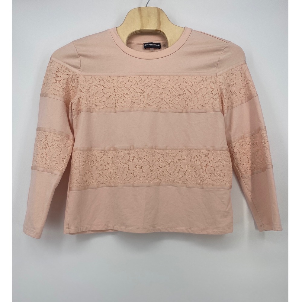 Karl Lagerfeld Paris Long Sleeve Top L Peach Pink Lace Panel Excellent
